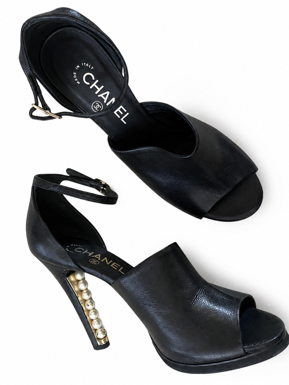 CHANEL Black Heels with Pearl Detail